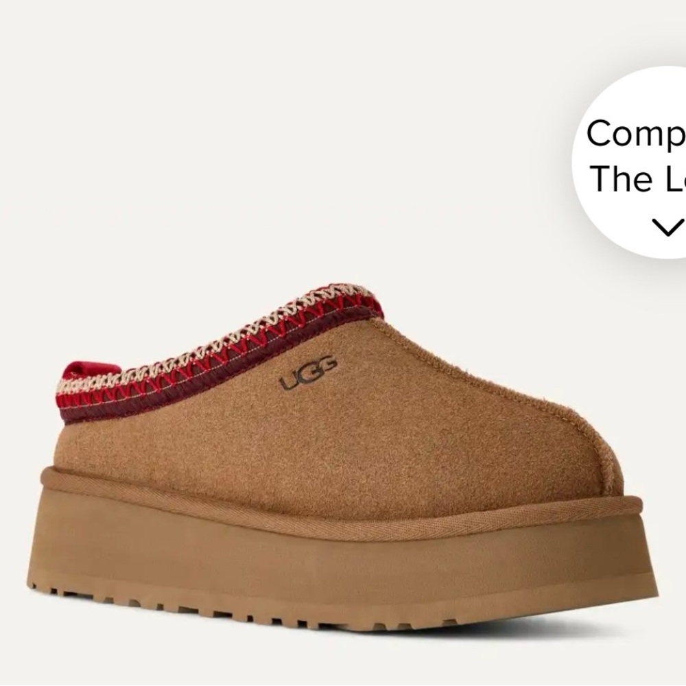 UGG Tan Platform Slippers with Red Accents
